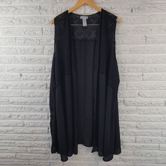 Catherines Womens Top 3X Plus Cardigan Open Black Sleeveless Crochet BLA155E - Picture 1 of 7